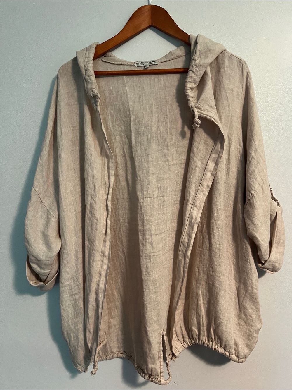 Italian Linen Light Beige Hooded oversized Jacket, L/ XL